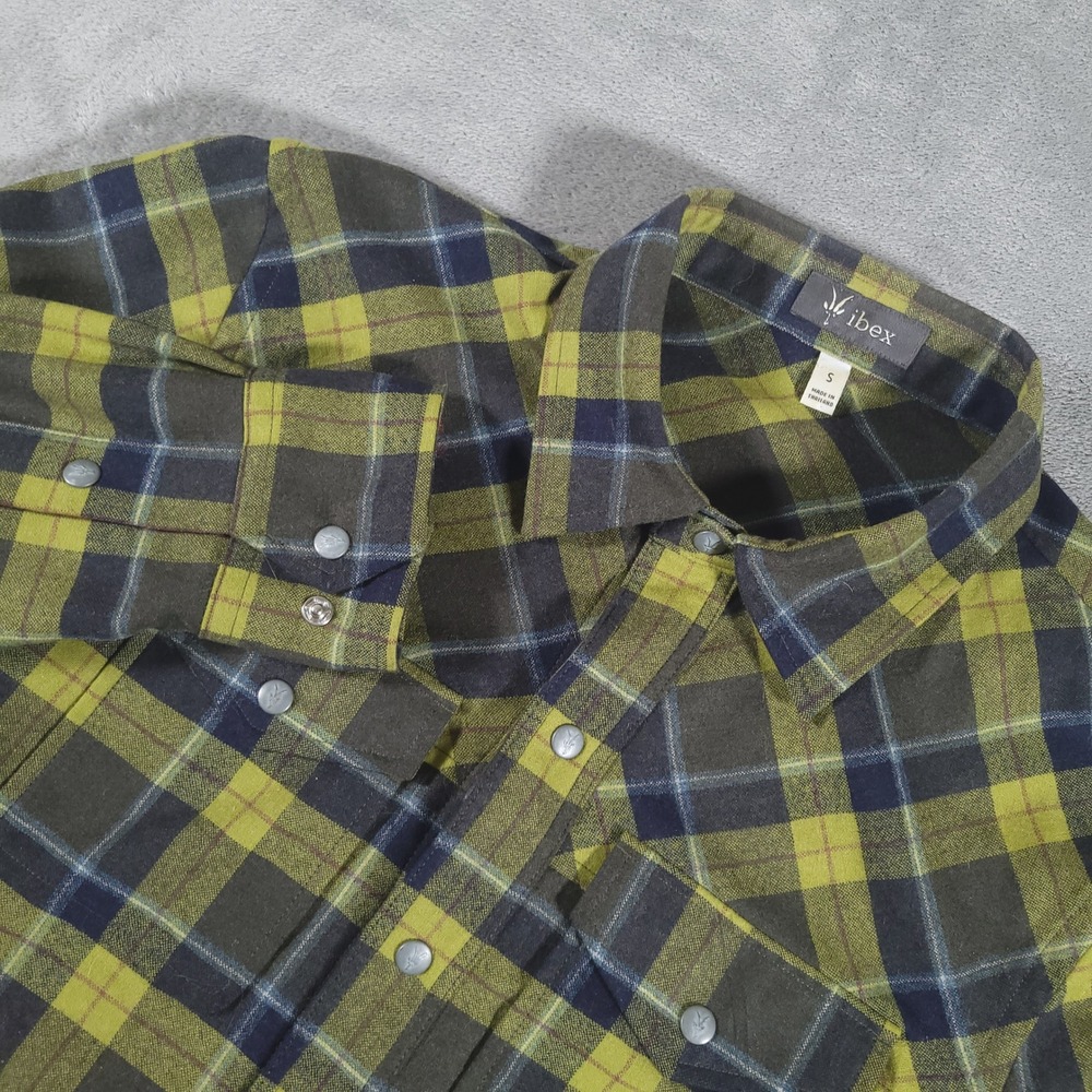 Ibex Shirt Mens Small Green Plaid Wool Blend Snap Button Up Long Sleeve Flannel